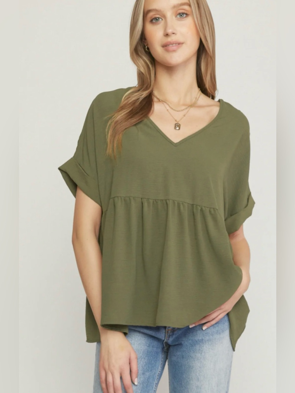 EUC 12PM Olive Green V-Neck Babydoll Tiered Flowy Top Sz L - Picture 4 of 4